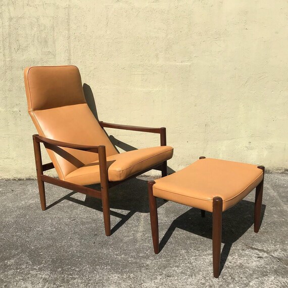 Swedish Lounge Chair Ottoman With New Leather Upholstery Etsy