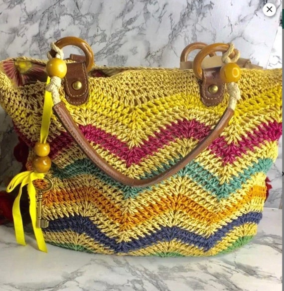 Vintage Fossil Raffia Bag Rainbow Colors SALE Gem