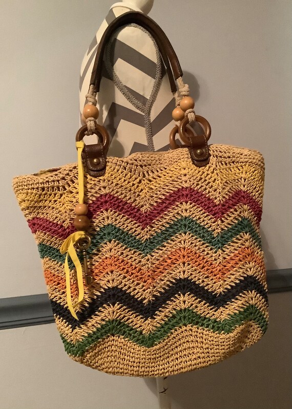 Vintage Fossil Raffia Bag Rainbow Colors SALE Gem
