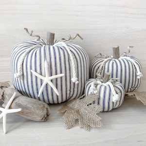 Pumpkins Fabric pumpkins  Coastal pumpkins  Fall decor  Beachy pumpkins Coastal fall decor Stripe pumpkins Halloween