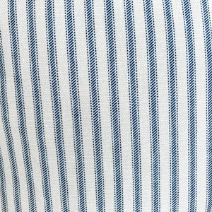May include: White fabric with thin blue stripes. The fabric has a subtle texture.