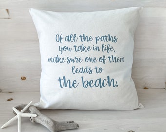 Funda de almohada con frase "Playa", lona de algodón pintada a mano (45,7 x 45,7 cm)