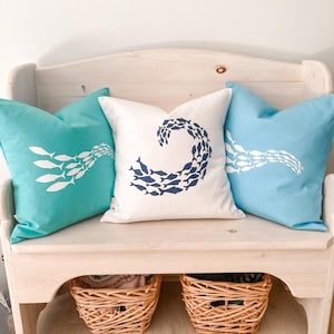 Beachy pillow cover with FREE DOMESTIC SHIPPING Shoal of fish pillow cover Fish pillow cover Nautical pillow cover  Coastal decor