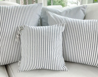 Almohadas náuticas, cojines náuticos, fundas de almohada de rayas azul marino, fundas de almohada de rayas azules, fundas de almohada de estilo costero