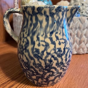 Vintage Robinson Ransbottom Blue Spongeware 1Qt Pitcher