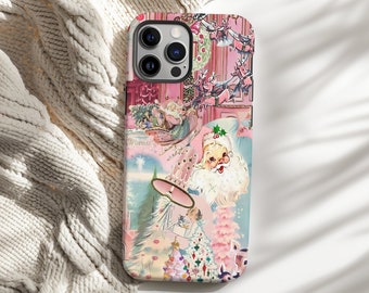 Vintage Christmas Phone Case Collage Pink Coquette Santa Winter iPhone Cases 16 15 14 13 12 11 X Pro Max Samsung S23 S22 S24 Pixel 8 7 Cover