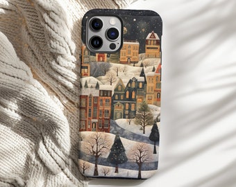 May include: A phone case featuring a winter village scene with snow-covered buildings, trees, and a starry night sky. The case has a black border and a detailed illustration of a quaint town nestled in a snowy landscape.