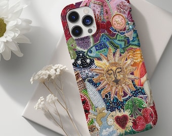 Vintage Mosaic Charm Phone Case, Sun Celestial Art Tiles Cases, Decoden iPhone 15 14 13 12 11 Pro Max Plus X Samsung S23 S22 Pixel 8 7 Cover