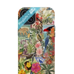 Estuche para teléfono con collage de sellos Magsafe, estilo vintage tropical, postal, para iPhone, estuches MagSafe, estética preppy, maximalista, para teléfono 16, 15, 14, 13 Pro Max Plus