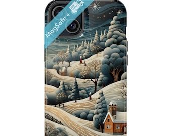 May include: A phone case featuring a winter landscape design. The case depicts a snowy scene with rolling hills, trees, and a small cabin. The color palette includes shades of blue, white, and brown. The case has a black border and a banner that says "MagSafe + Free".