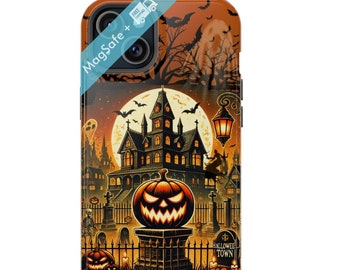 Retro Halloween iPhone Magsafe Case Haunted Spooky Town Scary Pumpkin Ghost Phone Cases  Autumn Phone 16 15 14 13 Mini Pro Max Plus Cover