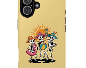 May include: A yellow phone case with a cartoon illustration of three skeletons at the beach. The skeletons wear hats and hold a flamingo float, a beach ball, and a tropical drink, with a sun in the background.