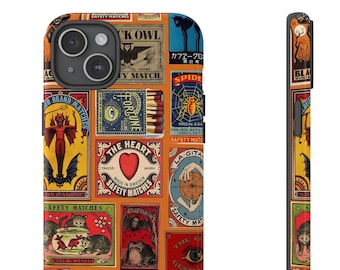 May include: Orange phone case featuring a collage of vintage matchbox labels with various illustrations and text. Designs include a black cat, a devil, a spider, and the text "SAFETY MATCHES". The side of the case also has a matching design.