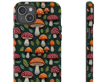 May include: A phone case featuring a repeating pattern of red-capped mushrooms with white spots, orange mushrooms, and green leaves on a dark green background. The case is shown from the front and side.