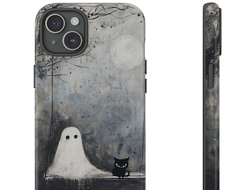May include: A phone case with a spooky design featuring a white ghost and a black cat sitting on a swing. The background is a dark blue and gray watercolor painting with a full moon.