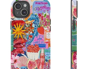 May include: A colorful phone case with a collage of images, including fish, fruit, flowers, and text. The text includes "It's all of my love forever", "Fayg", "SaF", and "Portugual".