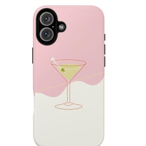 Minimalist Boho Collage Phone Case Pink Girly Cute Martini Cocktail iPhone Cases 16 15 14 13 12 11 Pro Max Plus Galaxy S24 23 22 Pixel 9 8