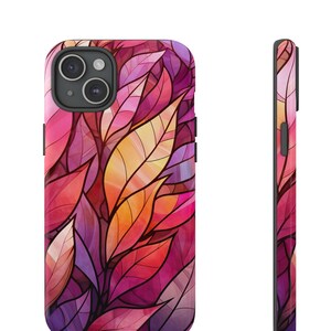 May include: A phone case with a colorful abstract design of overlapping leaves in shades of pink, purple, orange, and yellow.