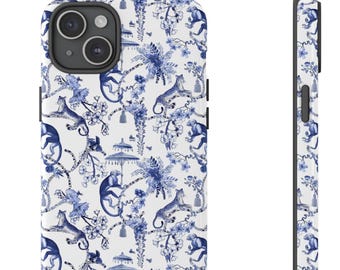 May include: White phone case with a blue and white Chinoiserie design. The pattern features monkeys, leopards, pagodas, and floral elements. The case is shown from the front and side.