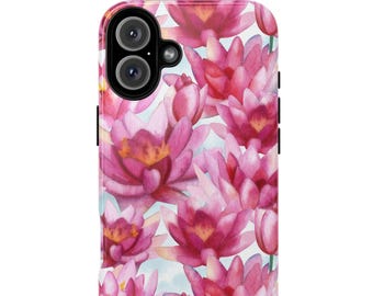 May include: A phone case with a watercolor design of pink water lilies on a white background. The case has a cutout for the camera lens.