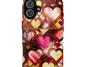 Puede incluir: Una funda para teléfono con un diseño de vitral con un patrón de corazones rojos, rosas y amarillos.