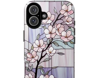 May include: A phone case featuring a stained-glass design of a flowering cherry blossom branch. The case has a pastel color scheme with pink flowers, green leaves, and a purple and white background. The phone case has a black camera module.