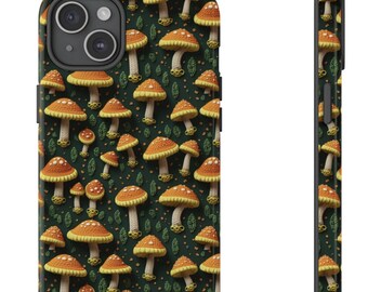 May include: A phone case featuring a repeating pattern of orange and yellow mushrooms with white stems and green leaves on a dark green background. The case has a camera cutout and button details.