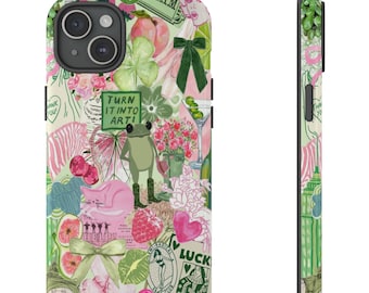May include: A phone case with a collage design featuring pink, green, and white elements. The design includes a frog, a heart, a clover, and the text "Turn it into art!"