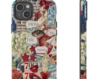 Może przedstawiać: Kolorowe etui na telefon z kolażem obrazów i tekstu, w tym "Pływać w oceanie", "Vogue" i "Love Love Love".