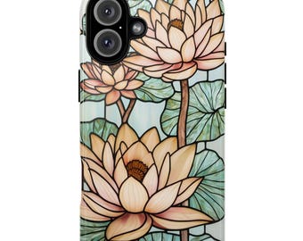 Stained Glass Phone Case Lotus Flowers Botanical Phone Cases Mosaic Tiles iPhone 16 15 14 13 12 11 Pro Max X 8 Plus Samsung Galaxy Pixel