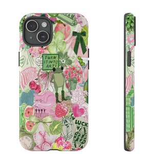 Green Frog Collage Phone Case Pink Cat Preppy Aesthetic Scrapbook Case iPhone 15 14 13 12 11 Pro Max Plus X Samsung S23 S22 S20 Ultra Pixel