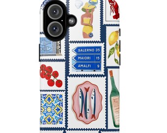 May include: White phone case featuring a collage of Italian-themed illustrations. The design includes images of food, travel, and landmarks, such as a lobster, lemons, and a road sign with the text "SALERNO 35".