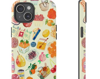 May include: A colorful phone case with a pattern of fruits, vegetables, and other food items. The case is designed for an iPhone and has a black border.