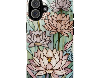 Stained Glass Phone Case Pink Lotus Flowers Collage Phone Cases Mosaic Tiles iPhone 16 15 14 13 12 Pro Max Plus Samsung S23 S22 S24 Pixel 8