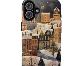May include: A phone case featuring a winter village scene. The design includes snow-covered hills, buildings with lit windows, bare trees, and a starry night sky. The case is black with a glossy finish and has cutouts for the phone's camera.