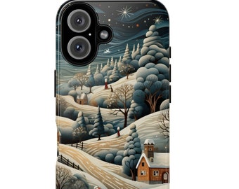 May include: A phone case featuring a winter landscape scene. The design includes snow-covered hills, trees, and a small village under a starry night sky. The case has a black border and a glossy finish, with a snowman in the foreground.