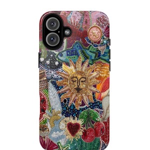 Vintage Mosaic Collage Phone Case Sun Celestial Mosaic Tiles Cases Trendy Preppy iPhone 16 15 14 13 12 Pro Max Plus X 8 Mini