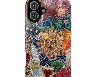 Vintage Mosaic Collage Phone Case Sun Celestial Mosaic Tiles Cases Trendy Preppy iPhone 16 15 14 13 12 Pro Max Plus X 8 Mini