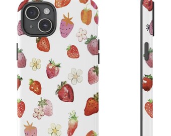 May include: White phone case with a repeating pattern of watercolor strawberries in shades of red, pink, and orange, along with small white flowers. The case has a black camera lens area and black side buttons.