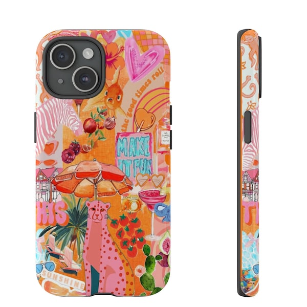 Orange Collage Phone Case, Pink Cheetah Summer Scrapbook Phone Case, iPhone Case, 15 14 13 12 11 Pro Max 8 Plus X Samsung S23 S22 S20 Ultra