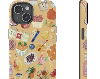 May include: A phone case with a repeating pattern of watercolor illustrations of fruits, vegetables, and other food items. The design includes pears, cherries, honey, and a basket. The case is a light tan color.
