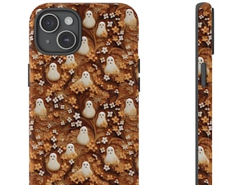 May include: A brown and white phone case with a pattern of ghosts and flowers. The case is designed for an iPhone.