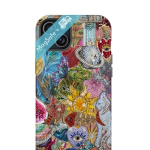 May include: A colorful phone case with a variety of beaded designs, including a sun, a heart, a cat, and a planet. The case has a black border and the text "MagSafe+" is visible in the top left corner.