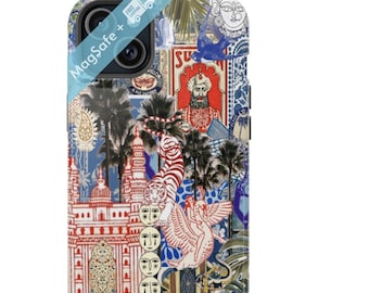 Funda para iPhone con diseño de collage maximalista y MagSafe, color azul indio, estética preppy, fundas coquetas, funda de verano con MagSafe para teléfono 16, 15, 14 y 13 Pro Max Plus Mini