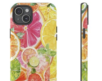 May include: A phone case featuring a vibrant watercolor design of citrus fruits, including oranges, grapefruits, lemons, and limes. A refreshing cocktail with mint and lime is also depicted. The case is shown from the front and side.
