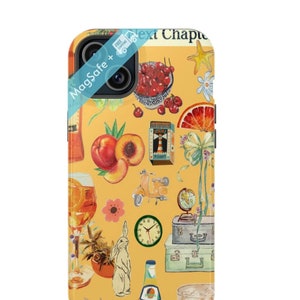 May include: A yellow phone case with a collage of illustrations including peaches, cherries, a scooter, a globe, and a clock. The case has a MagSafe feature and the words "Next Chapter" are visible at the top.