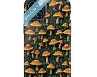May include: A phone case featuring a repeating pattern of orange and yellow mushrooms on a dark green background. The case has a glossy finish and a camera cutout. The text "MagSafe +" is visible on the case.