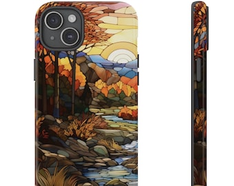 Autumn Landscape Stained Glass Phone Case Collage Fall Forest Cottagecore iPhone 16 15 14 13 Pro Max Plus Samsung S23 S22 S24 Pixel 8 Cover