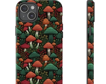 May include: A phone case featuring a repeating pattern of colorful mushrooms in shades of orange, green, and red against a black background. The case has a glossy finish and a protective design, with a camera cutout.