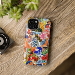 May include: A colorful phone case with a collage of images, including food, drinks, and a woman in a swimsuit. The case features a variety of colors, including red, orange, yellow, green, blue, and purple. The case also features a variety of textures, including smooth, rough, and textured. The case is made of a durable material and is designed to protect your phone from scratches and bumps.